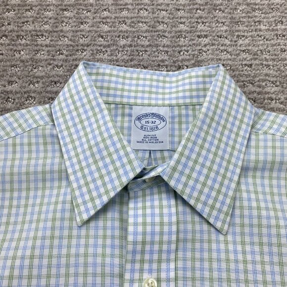 Brooks Brothers Button Up Shirt Men 15-32 Slim Fit Non-Iron White Green Check - Picture 3 of 9